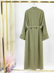 Long Abaya Dress, Woven Fabric, Wool Collar, Extra Long Dolman Sleeves, Waist Belt Design, Non-Stretch - Green - View 2