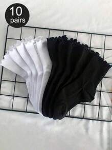 1/5/6/10 Pairs Of Ladies' Black And White Pleated Decorative Casual Socks, Comfortable And Soft Socks Suitable For Daily Life - Multicolor - View 3