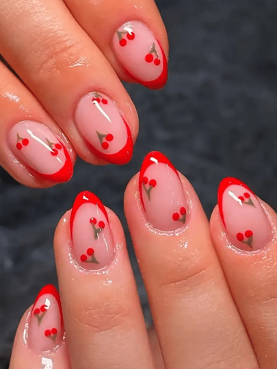 Cute Press On Nails Almond Fake Nails With Flower Strawberry Designs Glue On Nails White French Tip Nails Full Cover Red Glossy False Nails For Women Girls Summer Holiday 24Pcs Nail Supplies Nails