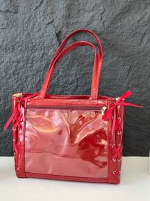 透明口袋设计，大容量男女通用手提包带零钱包，新款韩版学院风多口袋书包，百搭休闲斜挎包，中号帆布包，透明PVC口袋止痛包 - 紅色 - 查看 9