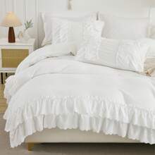 Ruffle Comforter Set Queen Size,Boho Shabby Chic Bedding Sets, Soft Fluffy Comforters Sets For All Season,Vintage Ruffled 3 Pcs Microfiber Lightweight Quilt Set Gift For Women Girls - 白色 - 查看 5