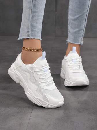 Women's Casual Sports Shoes, New Autumn Spring Lace-Up Low-Top Leather-Mesh Patchwork Breathable Lightweight Comfortable Chunky Sneakers, Fashion Versatile Chunky Sole Non-Slip Outdoor Casual Walking Travel Holiday Couple Sneakers, Mid-Top Leather Waterproof Athletic Trainers