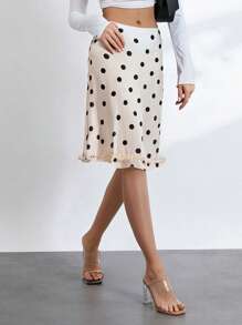 Midi Skirt See Through Low Rise Ruffled Hem Dot Pattern White Black Sheer Skirt