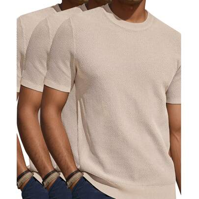 Men's 3-Pack Casual Short Sleeve T-Shirt Knit Shirt Round Neck Honeycomb Solid Color Pullover