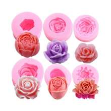 6 件 3D 玫瑰形状蛋糕模具硅胶软糖肥皂纸杯蛋糕果冻糖果巧克力装饰烘焙工具模具蛋糕架 - 粉色 - 查看 1
