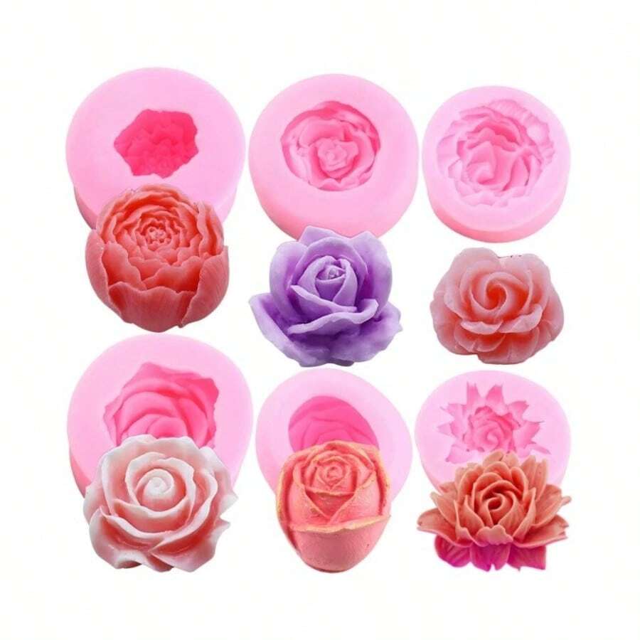 6 件 3D 玫瑰形状蛋糕模具硅胶软糖肥皂纸杯蛋糕果冻糖果巧克力装饰烘焙工具模具蛋糕架 - 粉色 - 查看 1