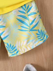 2pcs/Set Young Boy Casual Leaf Print Round Neck Top And Shorts Set - Yellow - View 5
