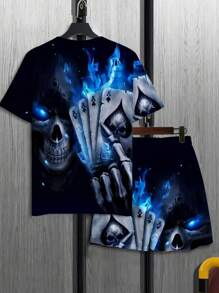 1 Set Plus Size Men's Fashion Printed Short Sleeve T-Shirt And Shorts Set, Casual Sporty Round Neck With Slight Stretch And All-Over Print