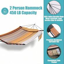 12FT 2 Person Hammock Large Hammock 450LB Capacity With V Shaped Hardwood Spreader Bar & Nylon Rope For Outside, Patio, Garden, Backyard, Beach, Poolside Beige-1118 - Yellow - View 4