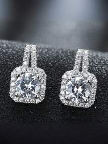 1 par de pendientes con corte de princesa de circonita cúbica plateada, pendientes colgantes tipo palanca, pendientes chapados en diamante simulado CZ para mujer, pendientes de boda, exquisita joyería de moda y lindos