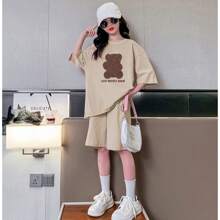 2pcs/Set Tween Girl Girls' Round Neck Short Sleeve T-Shirt And Shorts Set, Casual Sports Outfit