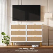 Studyset Rattan 6 Drawer Dresser For Bedroom,6 Drawer Wide Dresser,Farmhouse Chest Of Drawers With Deep Drawers,Large Double Dresser For Closet With Wide Top,Horizontal Wooden Dresser For Hallway,Living Room,Bedroom - 白色 - 查看 5