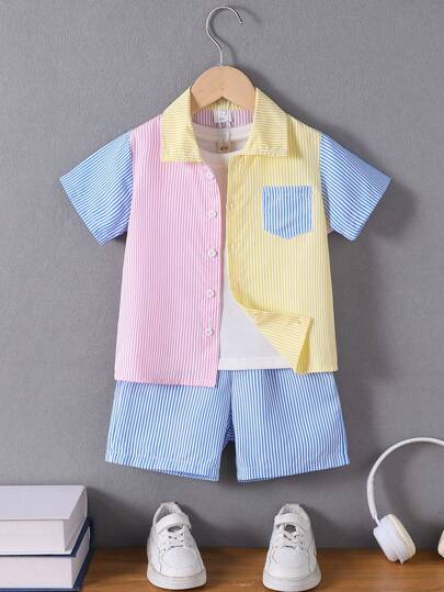 2pcs/Set Young Boy Casual Color Block Striped Short Sleeve Breathable Shirt And Shorts Set, Summer Everyday Wear
