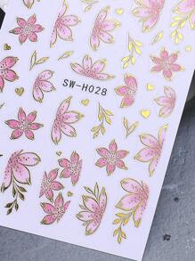 Gold Pink Hibiscus Flower 3D Nail Stickers 2pcs Gradient Cherry Blossom Floral Petals Lines DIY Bronzing Holographic Self-Adhesive Decals Sliders Nail Art Decoration Salon Manicure Nail Supplies