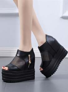 Women's Platform Mesh Sandals, New 2025 Summer Peep-Toe Wedge Heel Comfortable Thick Bottom High Heel Shoes - Black - View 5