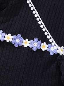 年轻女孩短袖泡泡纹理交叉背部连体衣带包 - 黑色 - 查看 5