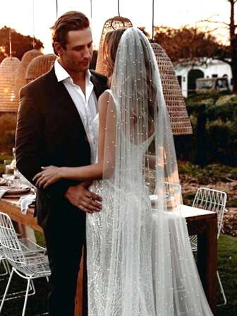 1 件带珍珠的新娘面纱，婚礼派对摄影道具，适合婚礼仪式或登记处头饰，带发梳，女士秋季服装