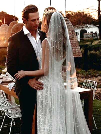 1pc Bridal Veil With Pearls,Wedding Party Photography Prop, Suitable For Wedding Ceremony Or Registry Office Hair Accessory With Hair Comb Fall Clothes For Women