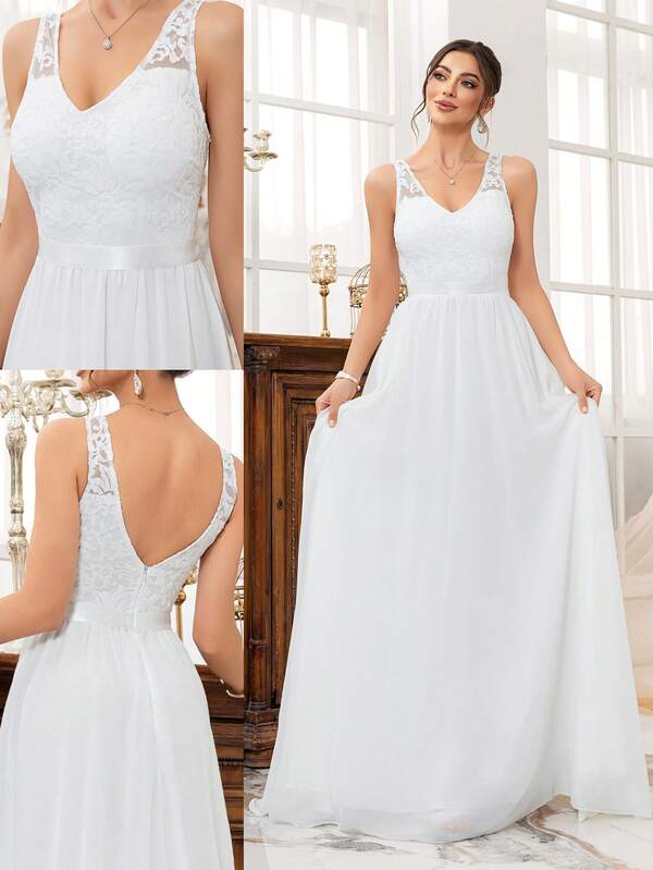 Sleeveless V-Neck Lace Splicing Minimalist Waist-Defined Wedding Dress,Bride