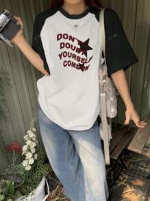 Women's Summer Casual Contrast Color Block Slogan Graphic Short Sleeve T-Shirt