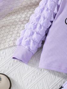 2pcs/Set Baby Girls Bubble Long Sleeve Letter Print Black Top T-Shirt And Black&White Cow Print Bell-Bottom Pants Set, Casual Outdoor - Purple - View 3