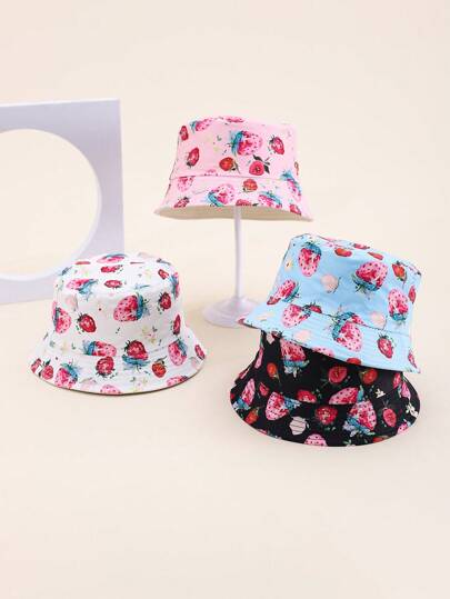 1pc Kids Strawberry Print Bucket Hat, Suitable For Spring/Summer, Sun Protection For Outdoor Activities