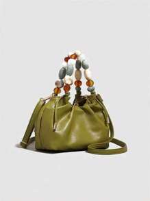 1 件新款简约纯色珍珠手提包，中国风单肩包/斜挎包，小众设计手提包，时尚百搭优雅串珠链条褶皱包 - 綠色 - 查看 2