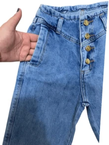Calça Mom Jeans Feminina Infantil Juvenil Bolsos Denim Estilosa Premium Luxo