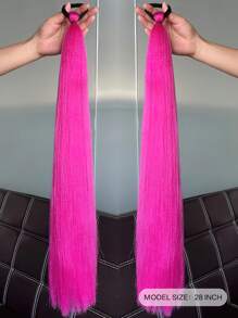 Synthetic Colorful Ponytail Extension 2Pcs Long Straight DIY Braided Pony Tail Hairpiece With Rubber Band Kids Hair Accessories - Hot Pink - View 2