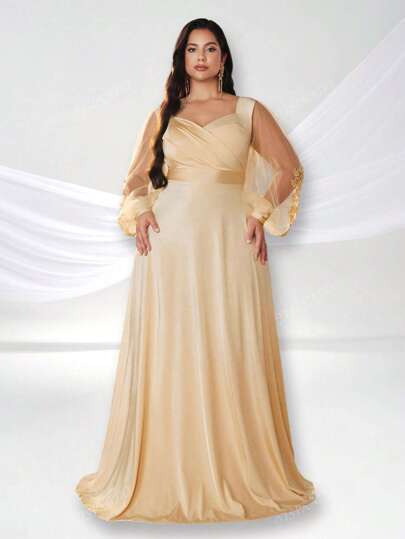 YISIKADO Plus Size Women Formal Cocktail Dress With Rhinestone Collar, Embroidery, Mesh Printing And Long Sleeve Backless, Autumn, Elegant Prom Evening Dress, For Wedding Guest, Graduation, Dinner