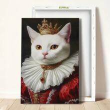 1pc Pet Wrapped Framed Canvas Wall Art, Vintage Prints Poster, Cat Dress Crown White Red Gold, Birthday Party Decor, Decorative Wall Art For Living Room Bedroom Office, Hanging Hardware Included - Framed, Vertical