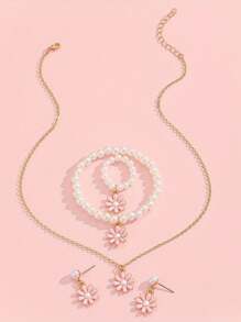 1 Set Cute & Sweet Versatile Oil Drop Flower Charm Pearl Bracelet, Rings, Earrings, Necklace, Accessories