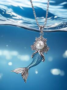 1pc Elegant Zinc Alloy Mermaid Pendant Necklace With Stainless Steel Chain, Shimmering Princess Necklace, Suitable For Beach Vacation, Gift For Girlfriend, Daily Wear