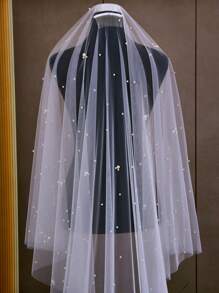 优雅新娘珍珠面纱 - 双层人造珍珠新娘面纱带梳子，婚礼派对配件