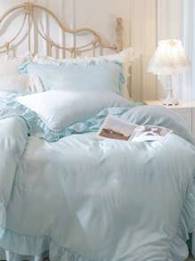 1 Set Of 3 Pieces (1 Duvet Cover + 2 Pillow Shams) Light Blue Ruffle Elegant Soft & Cozy Bedding Set, Suitable For Bedroom, Guest Room