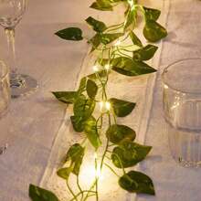 1 pieza Luces de cadena de 2m/6.56ft con 20 LED de hojas verdes, guirnalda de flores artificiales, lámpara decorativa a pilas para hogar, dormitorio, cumpleaños, boda, fiesta, jardín, patio, pasillo, ventanas