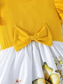 Girls Casual Ruffle Sleeve Bowknot Rose Flower Print Mini Dress For Summer - Multicolor - View 5