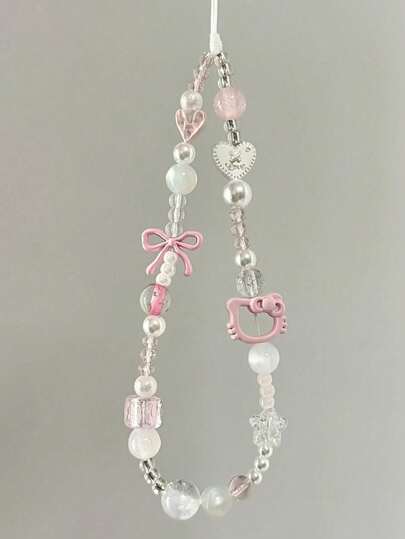 Sanrio Brățară Sanrio Hello Kitty din poliester cu perle artificiale, pandantiv cu lanț pentru telefon, accesoriu portabil pentru lanț de telefon