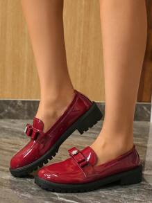 Women's Bow Rhinestone Decor Platform Casual Loafers, Red, Spring/Autumn, Daily Wear, Slip-On