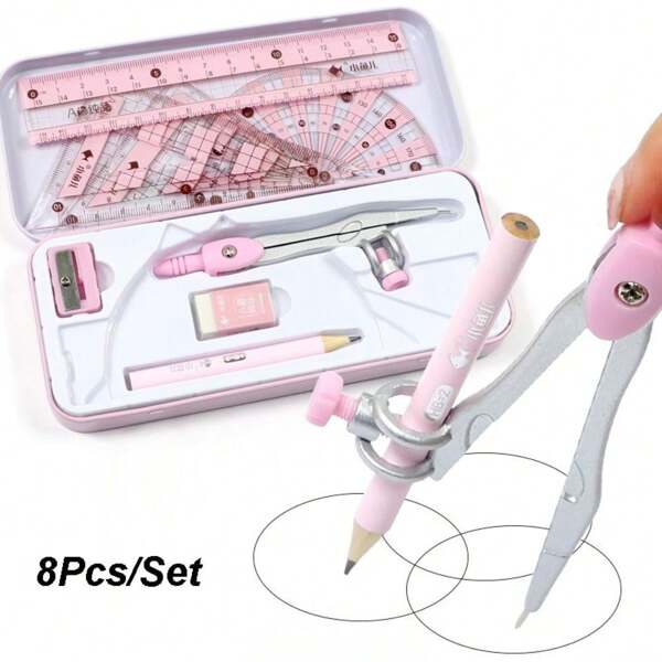 8Pcs/Set Multi-Function Ruler Compass Set Sharpener Metal Box Drawing Stationery Straight Ruler Protractor Measuring Rulerschool Supplies,Back To School