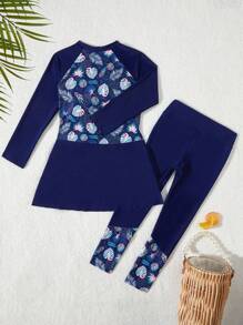Random Print Long Sleeve Girls Tankini Swimsuit - Navy Blue - View 5