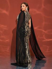 Czarno-złota, ekstra długa, cekinowa, długa suknia wieczorowa, formalna suknia w dużych rozmiarach, sukienka na imprezę, sukienka dla gości weselnych - Czarne - Zobacz 6