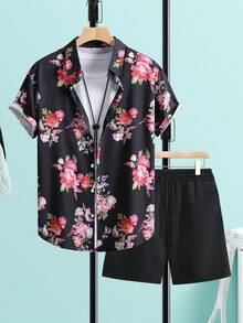 Conjunto informal de camisa de manga corta con estampado floral y pantalones cortos negros para el verano - Negro - Ver 2