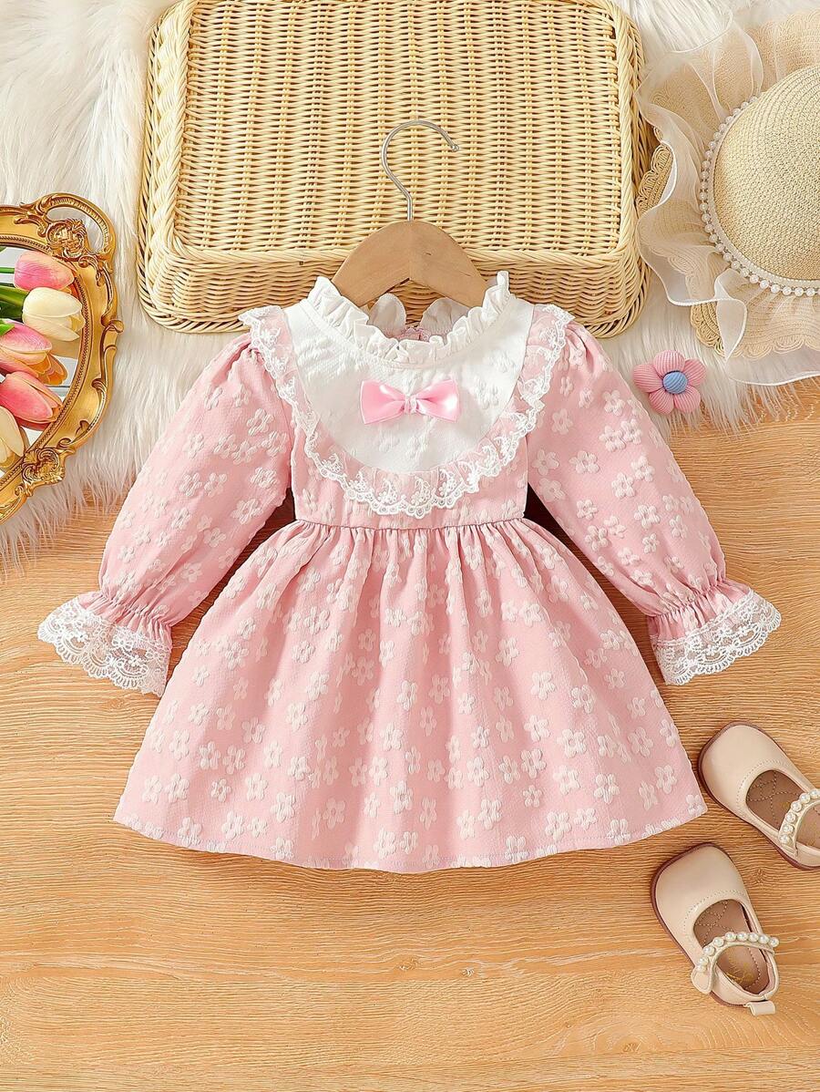 Baby Girls' Cute & Elegant Solid Color Ruffle Lace Trim Puff Sleeve A-Line Dress With 3D Bow, Princess Style Zipper Front Closure Dress For Infant/Toddler, Suitable For Spring/Autumn Outings - Pink - View 1