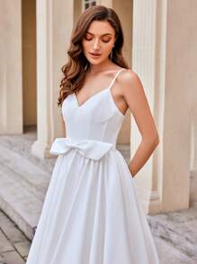 Elasola 优雅浪漫细肩带泡泡下摆舞会礼服婚纱带蝴蝶结适合新娘户外海滩婚礼派对，新娘 - 白色 - 查看 8