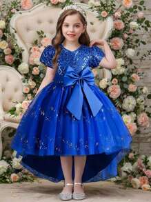 Vestido de tul con lazo grande de lentejuelas para niñas, vestido de princesa de tul con capas para bodas, graduaciones, eventos especiales, apto para todas las estaciones - Azul - Ver 1