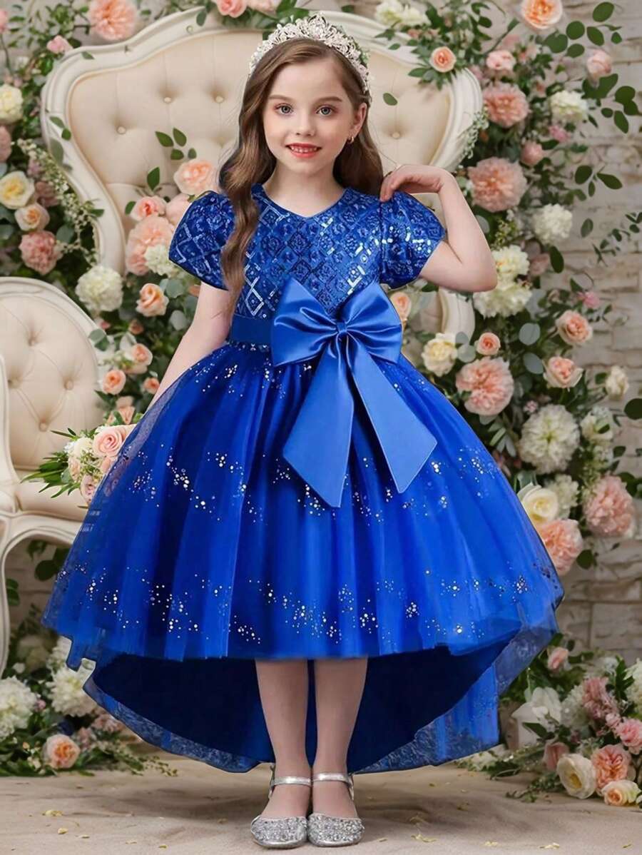 Vestido de tul con lazo grande de lentejuelas para niñas, vestido de princesa de tul con capas para bodas, graduaciones, eventos especiales, apto para todas las estaciones - Azul - Ver 1