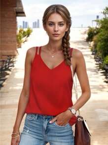 Women's Basic Blouse With Crossed Straps And V-Neckline - Merah - View 3