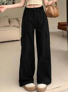Pantalones De Trabajo De Talle Bajo Y Corte Ajustado Con Múltiples Bolsillos Bolsillo de color sólido - Negro - Ver 1