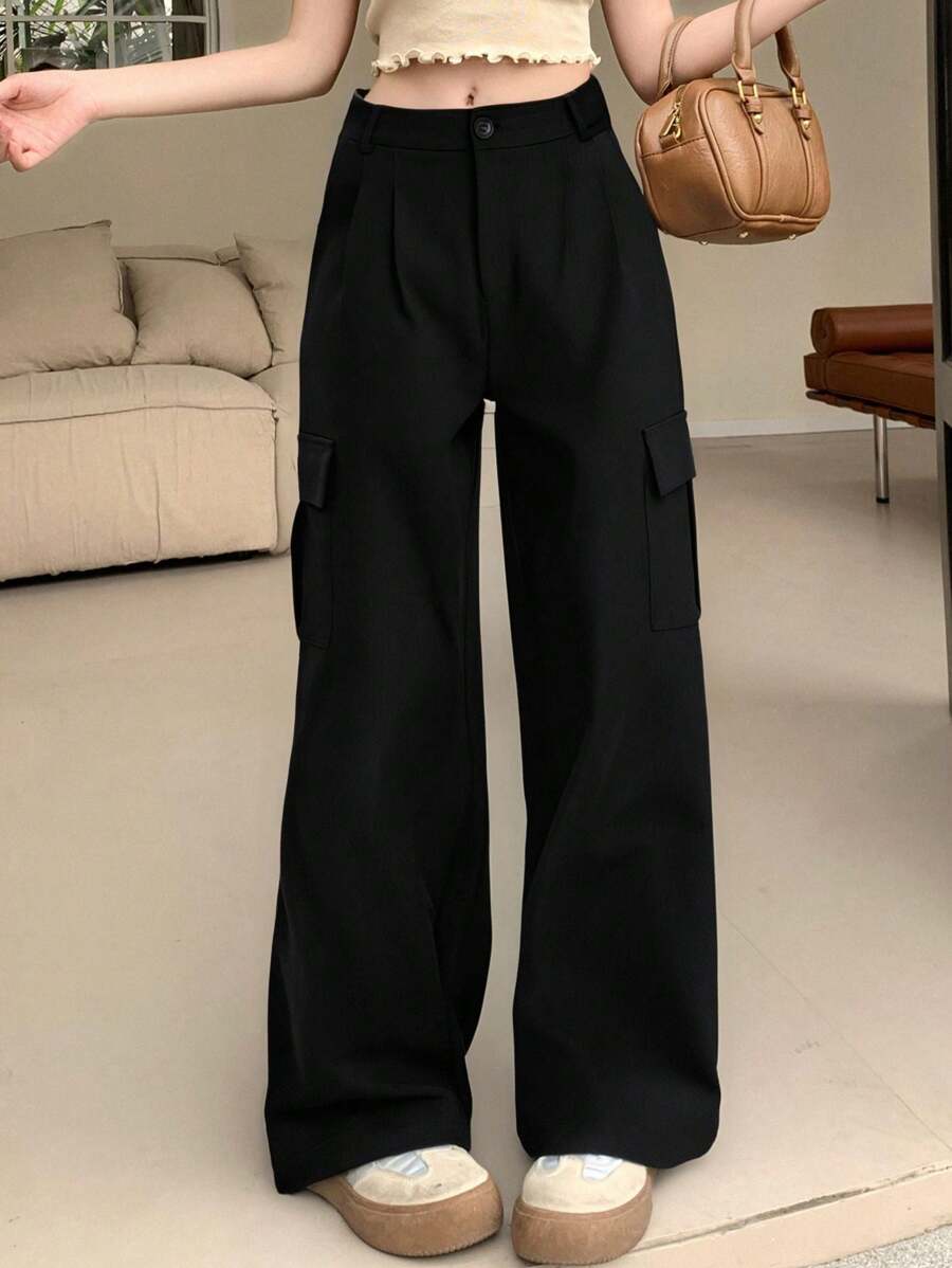 Pantalones De Trabajo De Talle Bajo Y Corte Ajustado Con Múltiples Bolsillos Bolsillo de color sólido - Negro - Ver 1
